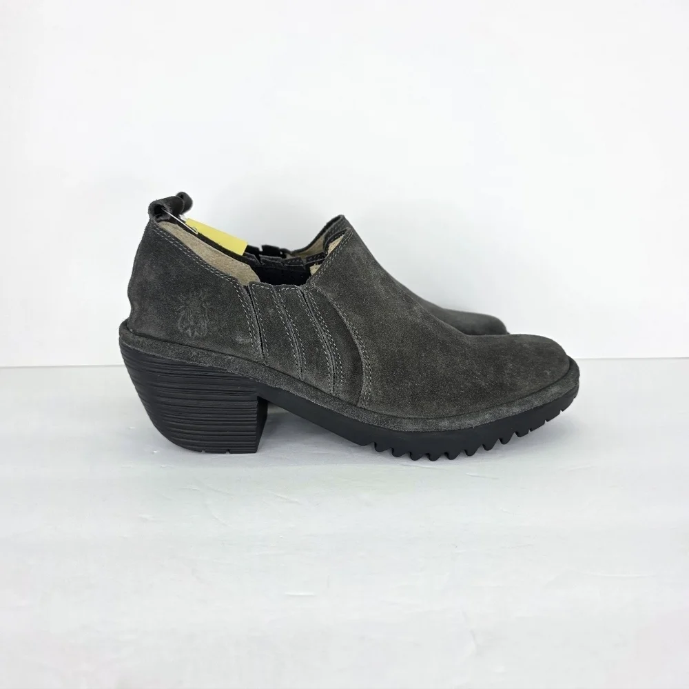 Fly London Wate Girl's Low Ankle Slip-On Booties Gray Suede Block Heel Size 13